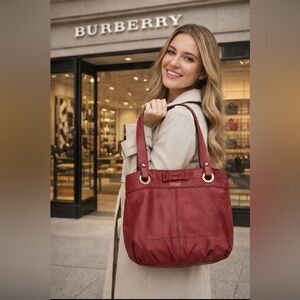 Burberry Blue Label Leather Bag Tote Red Bag Nova Check Beige Lined Japan Luxury